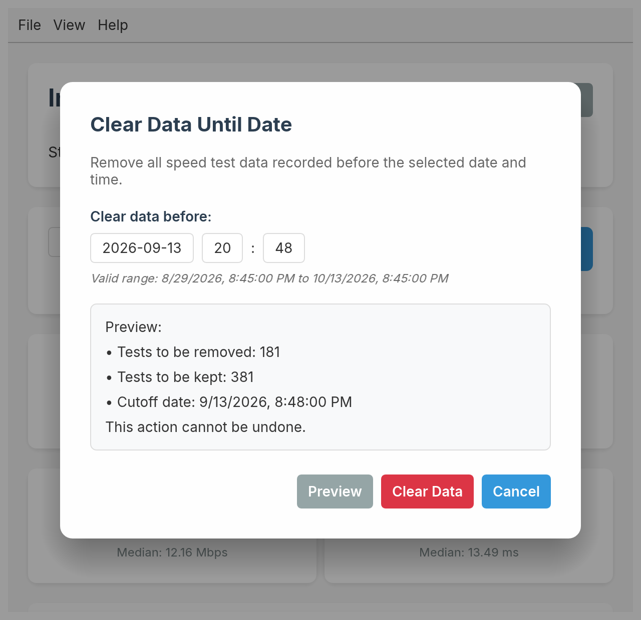 Clear Data Until Date dialog previewing how many tests will be removed and kept