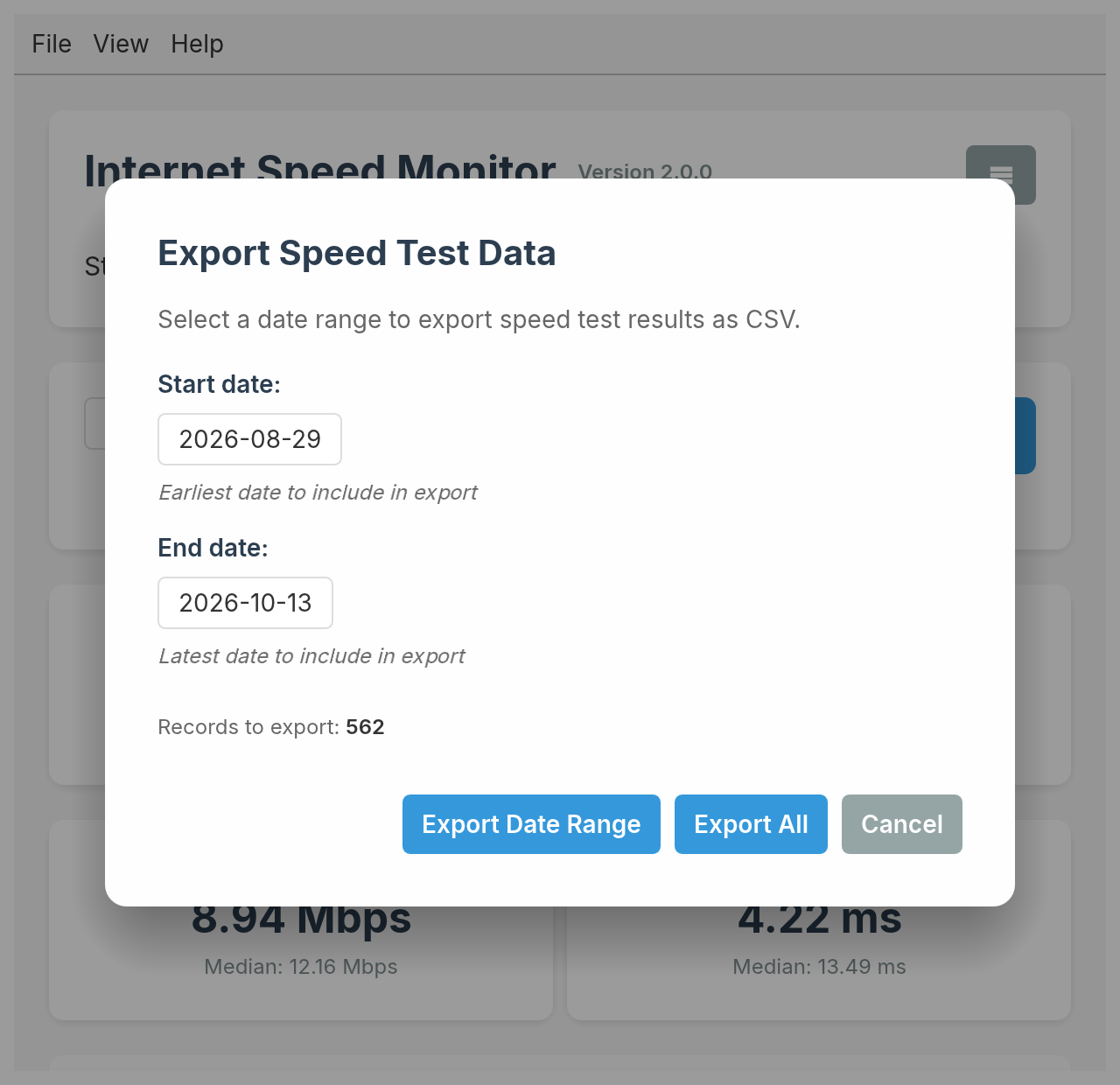 Export Speed Test Data dialog with start and end dates and the number of records to export