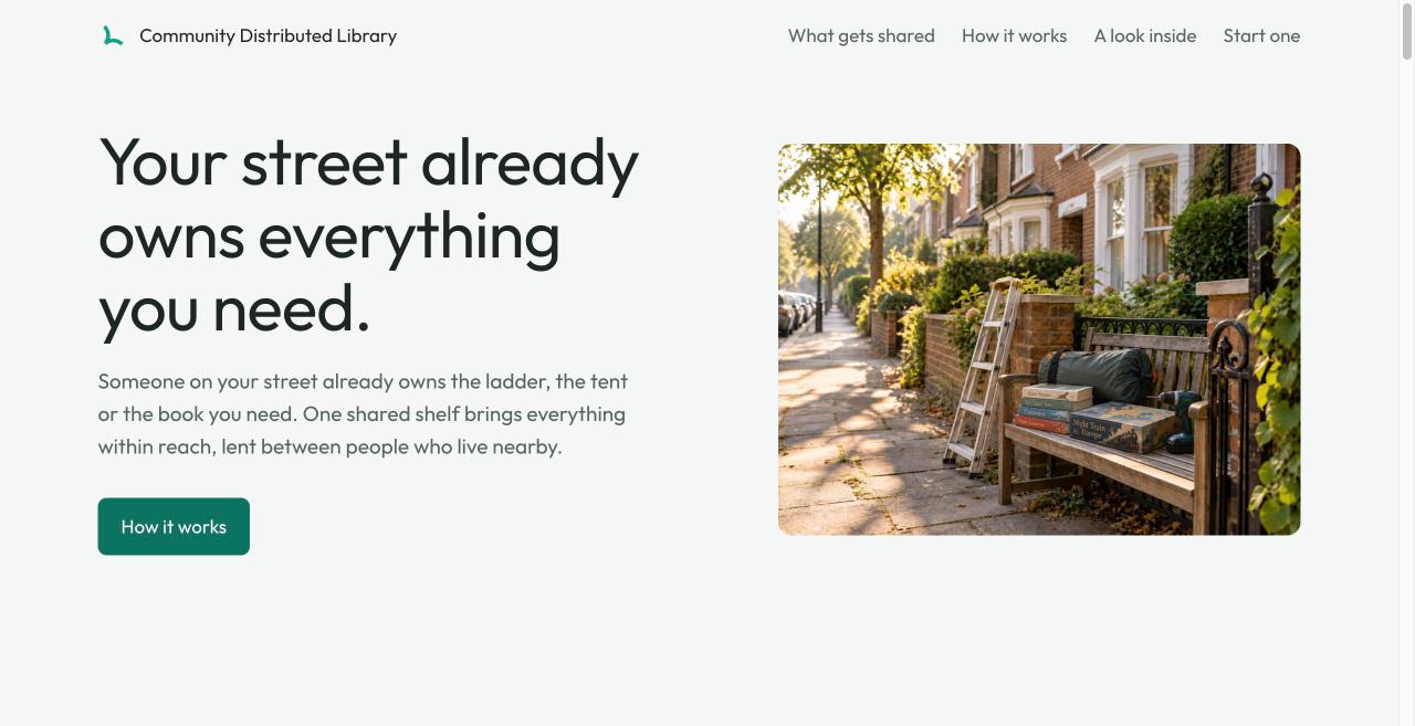 Community Distributed Library home page: a bench on a street with a ladder, a tent and books