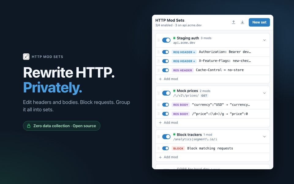 HTTP Mod Sets popup showing three enabled sets
