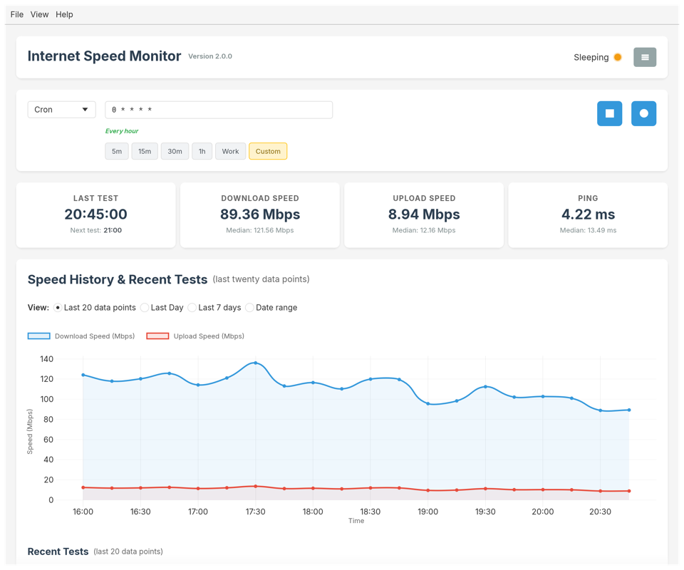 Internet Speed Monitor showing latest results, medians and a chart