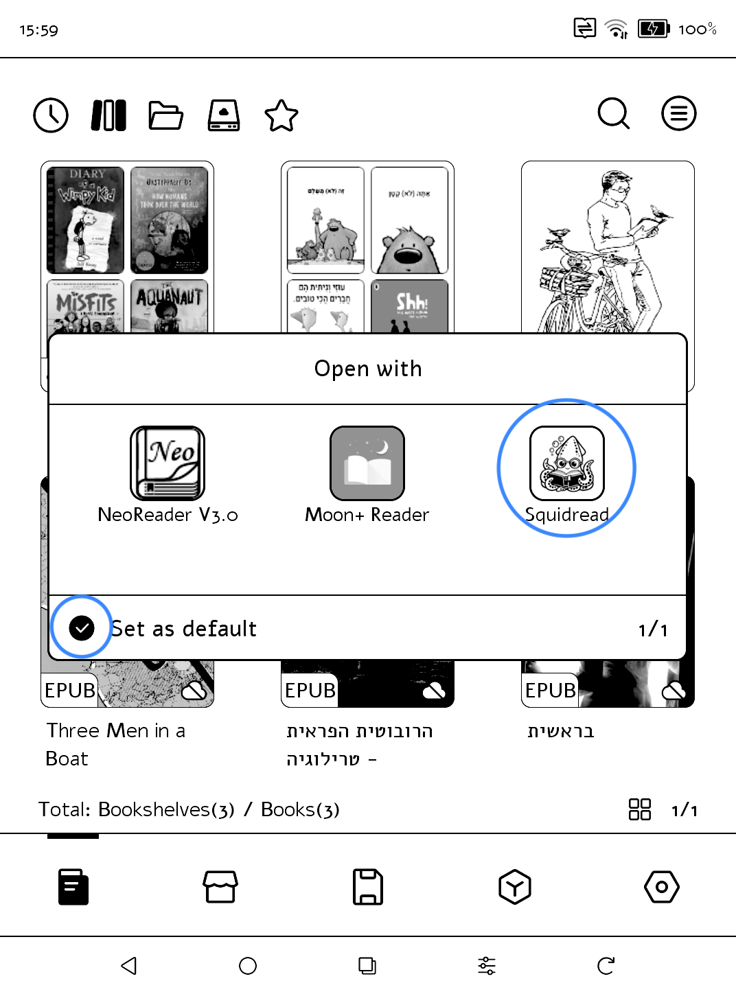 The Boox Open with dialog, with Squidread circled and Set as default ticked