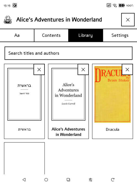 The library: a search field for titles and authors above book covers in a grid
