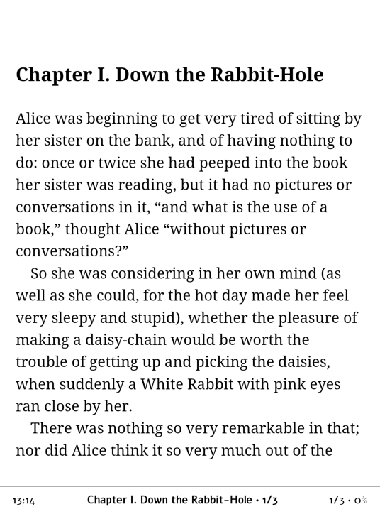 A page of Alice’s Adventures in Wonderland on a Boox e-reader, with the time, chapter and progress in a thin footer