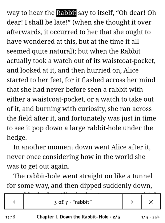 A page of Alice’s Adventures in Wonderland with the word Rabbit inverted, above a bar reading 3 of 7, with buttons for the previous and next match