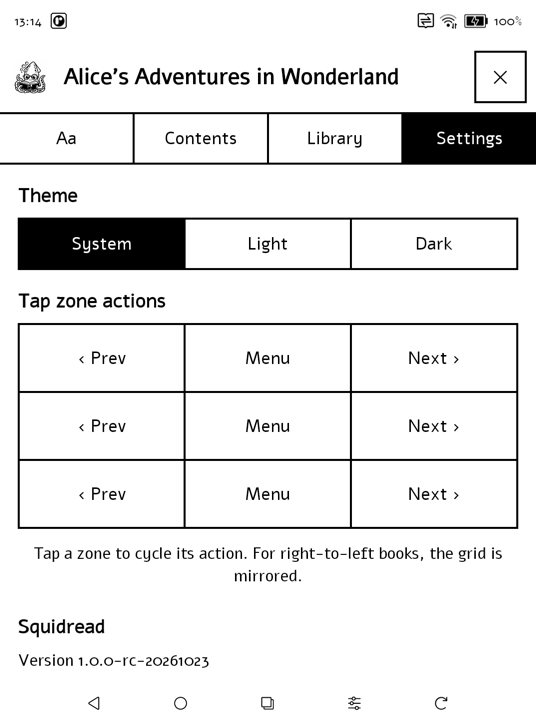 Settings: theme buttons and a three by three grid of tap zones, each set to previous, menu or next